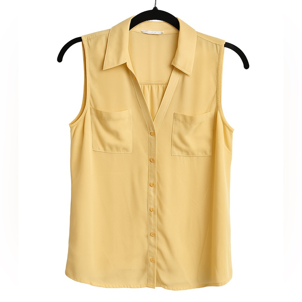 Maurices Sleeveless Button Front Blouse Yellow Collared Pocket Top L